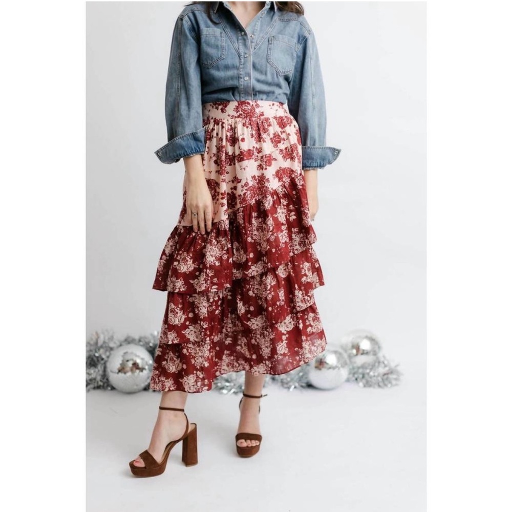 Anna Cate Elle Tiered Asymmetrical Midi Skirt Medium Burgundy Pink Ruffles